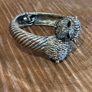 Crystal-Embellished Silver Panther  Head Cuff Bracelet